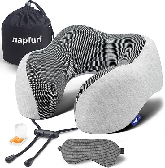 napfun Neck Pillow for Travel with Travel Pouch, Sleep Mask & Earplugs, Memory Foam Airplane Pillow for Headrest Sleep with Eyeshades, Plane Essentials with Eye Blindfold, Light Gray Kit
