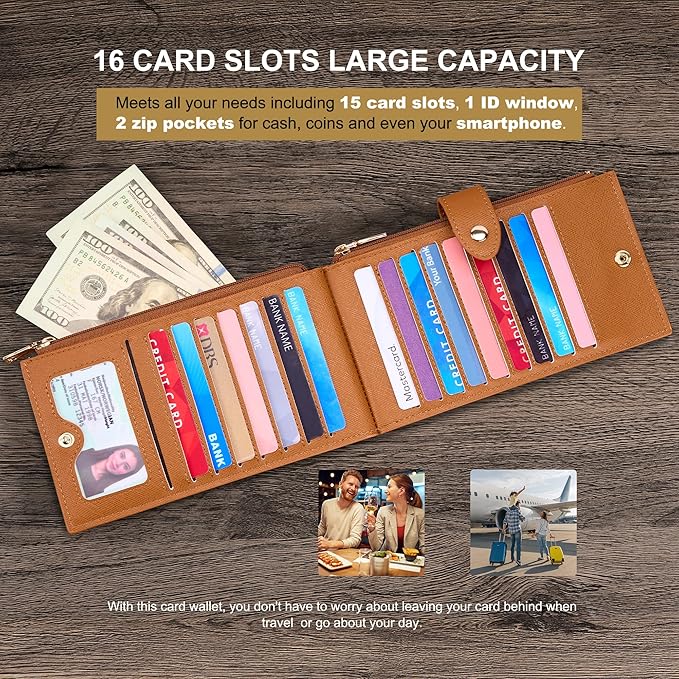 Travelambo RFID Wallet Women Large Size Bifold Multi Card Wallet Case with Zipper Pocke Credit Card Holder for Women
