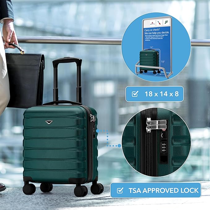 Flight Knight Carry On Suitcase 18x14x8" Hardside Built In TSA Lock & USB Port Lightweight Luggage Silent Double Spinner Wheels Maximum Underseat Carry-On Bag For American & United Approved Airlines