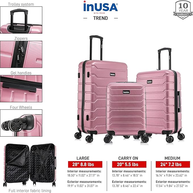 InUSA TREND Luggage with Spinner Wheels | Durable Lightweight Hardshell Suitcase,Travel sets with Handle and Trolley | (20in, 24in, 28in) 3 Piece Set | Rose Gold