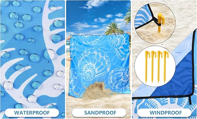 HIHOHO Beach Blanket Waterproof Sandproof Beach Mat 79”x 83” for 1-8 Adults Quick Drying Durable Outdoor Picnic Mat for Beach Festival Travel Camping Hiking (Conch Shell-BL, 79"×83"(4 Person))