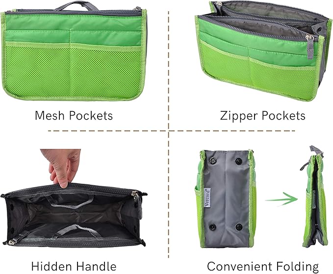 Vercord Purse Organizer Insert for Handbags Bag Organizers Inside Tote Pocketbook Women Nurse Nylon 13 Pockets Green Medium