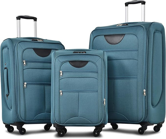 Merax Softside Luggage Set, Travel Suitcase Expandable Lightweight, 3 Piece Luggage Sets with Spinner Wheels 22" 26" 30" Suitcase with TSA Lock (Blue Green)