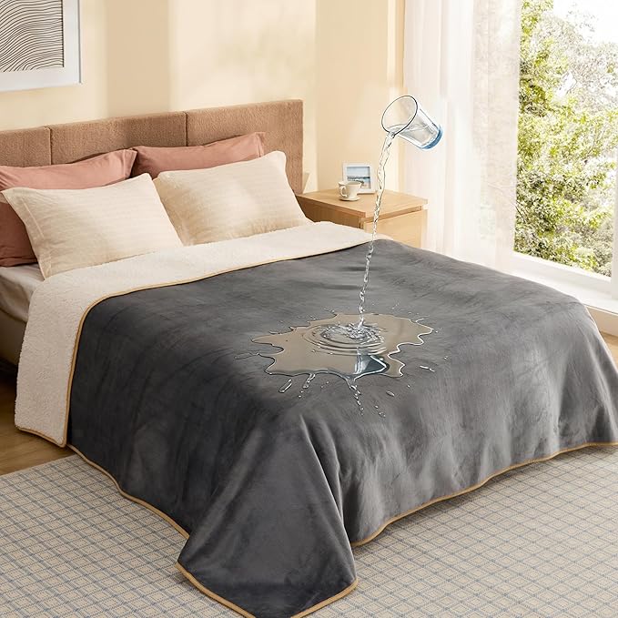 Bedsure Waterproof Blanket for Bed Queen Size- Sherpa Fleece Waterproof Dog Blankets for Large Dogs, Pet Blankets for Bed/Couch, Soft Plush Reversible Furniture Protector, 90"x86", Grey