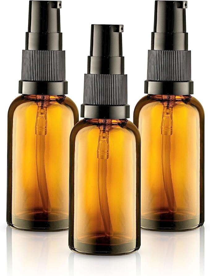3 Pack Empty Refillable Glass Amber Pump Bottle Ideal for Lotion Cream Essential Oil Travel Small Container, 30ml