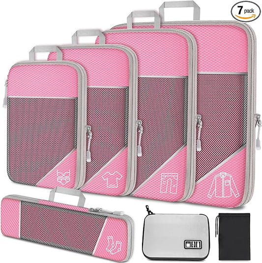 NiHome 7PCS Compression Packing Cube Set Expandable Mesh Travel Bag Luggage Organizers with Electronic Cable Cord Charger Organizer Drawstring Bag for Trip Home Storage Travel Gear Accessories (Pink)