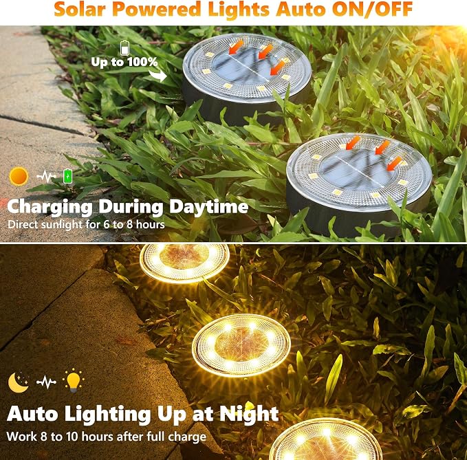 Joomer 2-in-1 Solar Lights Outdoor Waterproof, 16 Pack 8 LED, Warm White | Solar Powered Garden Lights Ground Disc Landscape Lighting for Patio Pathway Lawn Yard Driveway Walkway Deck Step