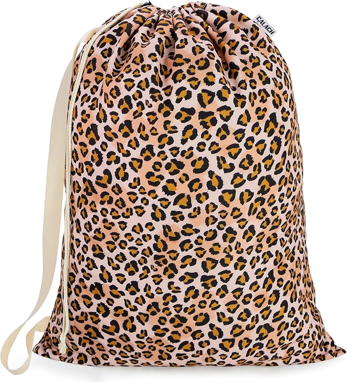 Canvas Laundry Bag with shoulder Strap 24"Wx 29"H, Large Drawstring Dirty Clothes Bag Washable Laundry Sack for College Dorm, Travel, Home, Camp (Leopard)