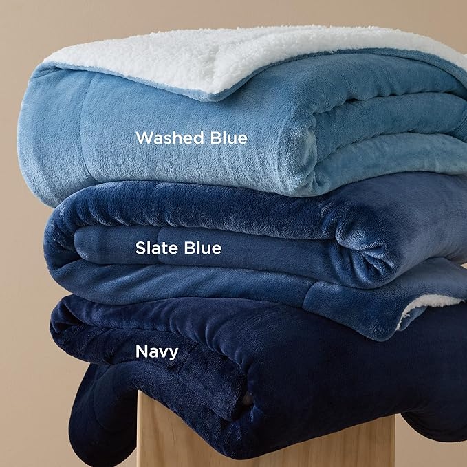 Bedsure GentleSoft Sherpa Fleece Blankets King Size for Bed, Non-Heated, Thick and Warm Throw for Women and Men, Soft Fuzzy Plush King Blanket for Winter, Slate Blue, 108x90 Inches
