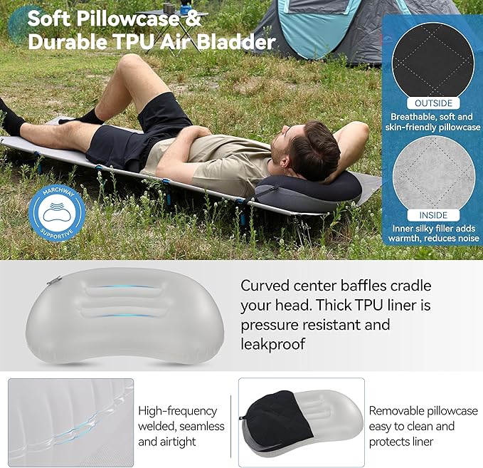 MARCHWAY Ultralight Inflatable Camping Pillow with Soft Washable Cover, Compact Compressible Portable Travel Air Pillow for Outdoor Camp, Sport, Hiking, Backpacking Sleep (Black)