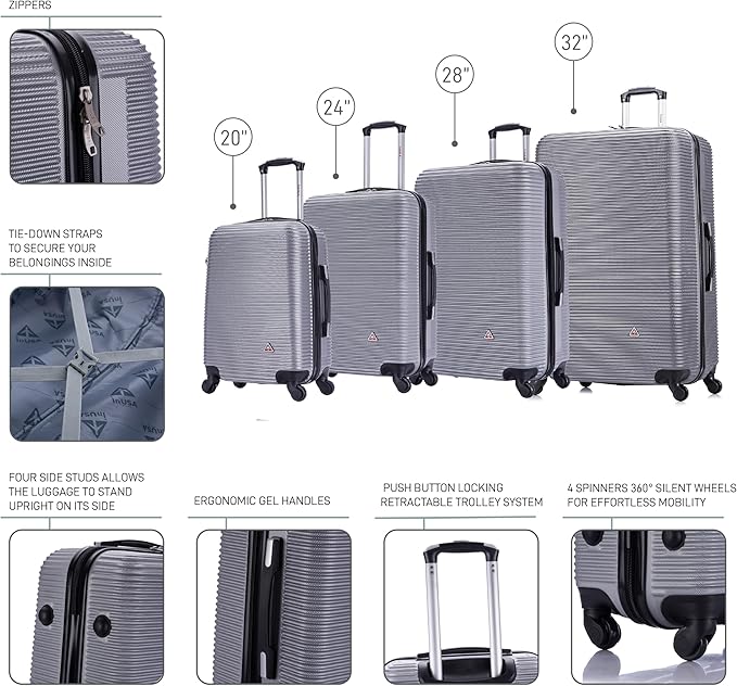 InUSA ROYAL Hardside Luggage Set with Spinner Wheel | Spacious Travel Suitcases with Ergonomic GEL Handle and Studs | (20/24/28/32) 4 Piece Luggage Set | Silver