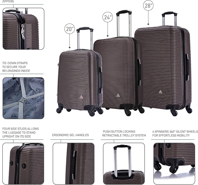 InUSA ROYAL Hardside Luggage Set with Spinner Wheel | Spacious Travel Suitcases with Ergonomic GEL Handle and Studs | (20/24/28) 3 Piece Luggage Set | Brown