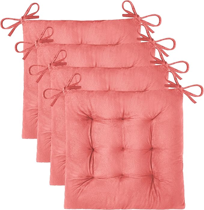 OVOV 4 Pack Chair Cushions for Dining Chairs Soft Seat Cushions for Kitchen Desk Chairs Square Chair Pads with Ties (15.5"x15.5" Pink)