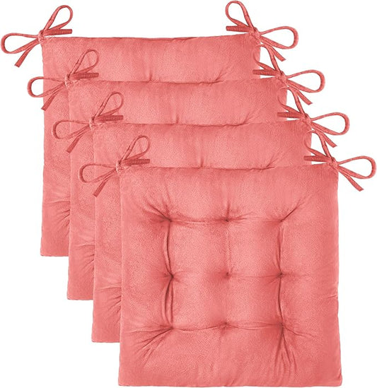 OVOV 4 Pack Chair Cushions for Dining Chairs Soft Seat Cushions for Kitchen Desk Chairs Square Chair Pads with Ties (15.5"x15.5" Pink)