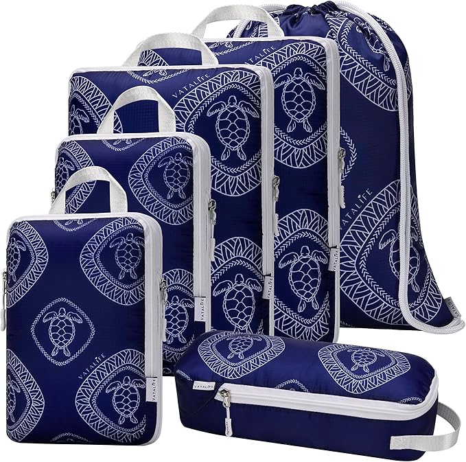 6-Set Compression Packing Cubes for Travel with Drawstring Backpack-Luggage Organizers for Suitcase-Water Resistant, Lightweight Vacation Essentials, Blue Turtle