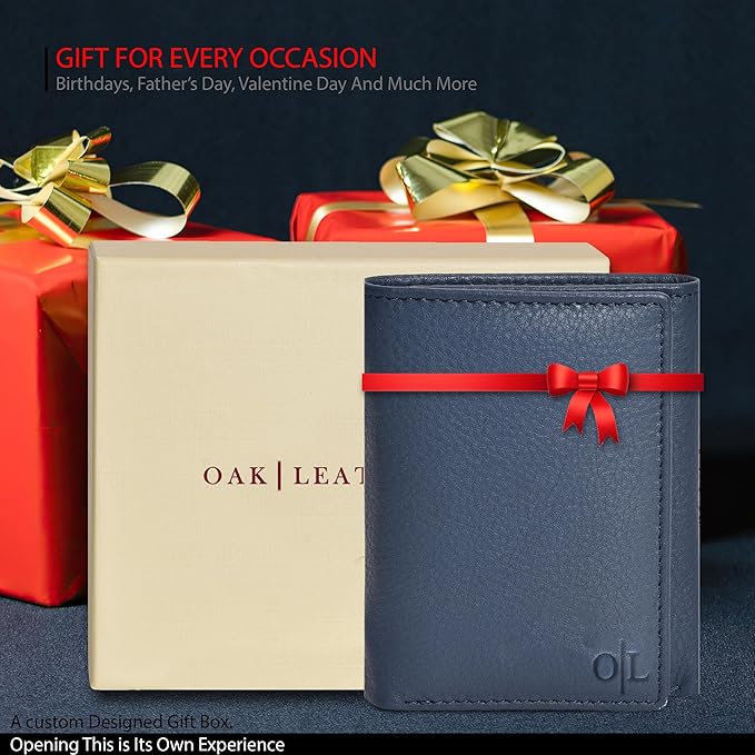 Real Leather Mens Trifold Wallet RFID Blocking Slim Minimalist Front Pocket - Thin & Stylish with ID Window in Gift Box