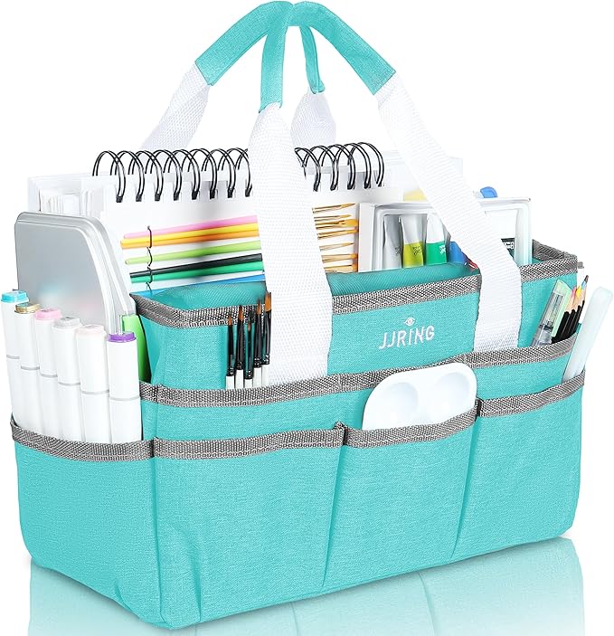 JJRING Craft Organizer Tote Bag, Art Storage Caddy with Multiple Pockets, Sky Blue Sewing Bag for Art, Craft, Scrapbooking, School, Medical, and Office Supplies Storage