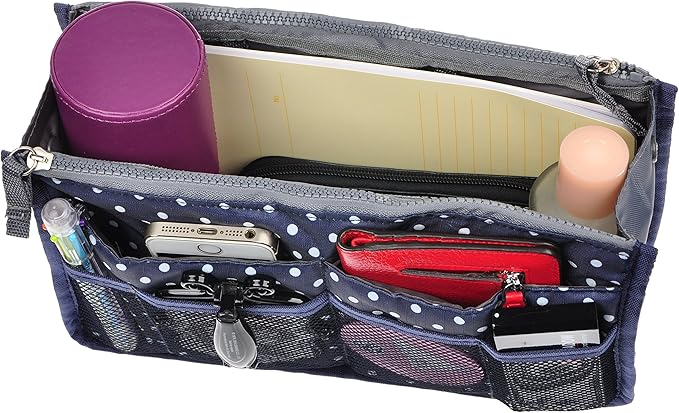 Vercord Purse Organizer Insert for Handbags Bag Organizers Inside Tote Pocketbook Women Nurse Nylon 13 Pockets Navy Blue Dot Large