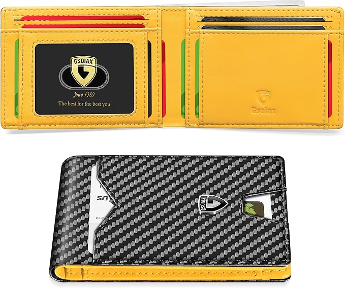 GSOIAX Slim Wallet for Men Rfid Blocking Leather Bifold Front Pocket Carbon Fiber Credit Card Holder Novelty Wallets With Gift Box (Yellow and Carbon Black)