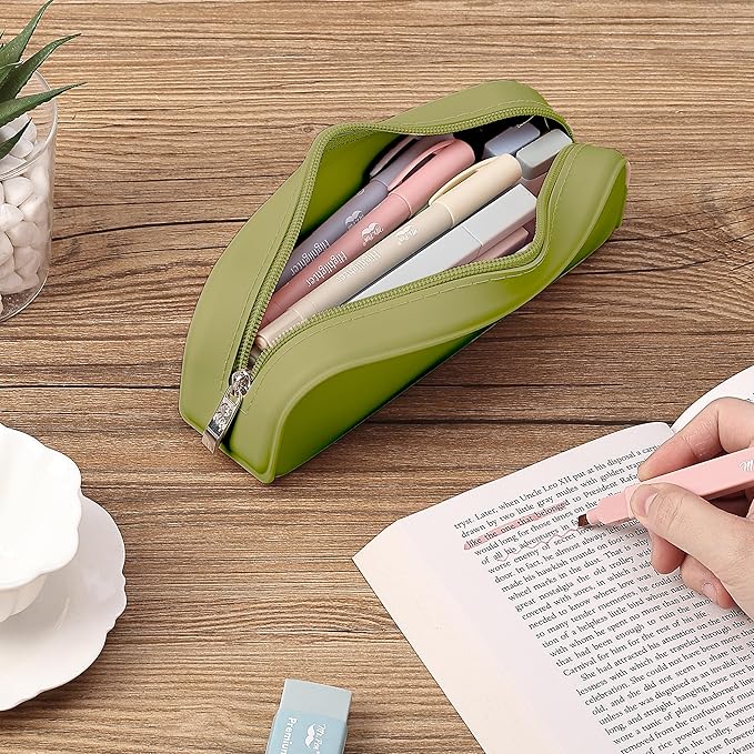 Mr. Pen- Olive Green Silicone Pencil Pouch, Aesthetic Design, Small Size, Multipurpose Makeup Bag