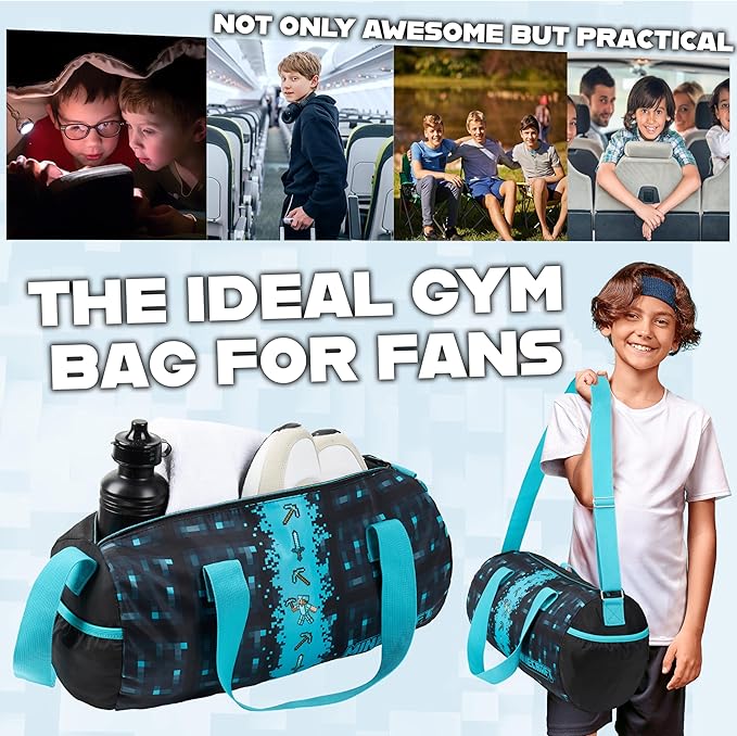 Minecraft Gym Bag for Kids Teens Duffle Bag Travel Overnight Sports Creeper Weekender Bag Carry On Holdall (Blue, 16.14x7.08x7.48inches)
