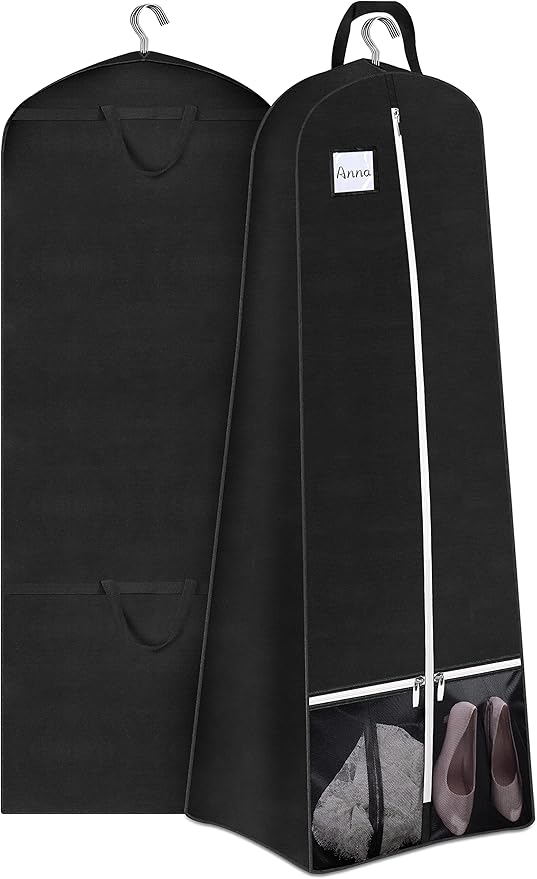 SLEEPING LAMB 72'' Bridal Wedding Gown Dress Garment Bag 15'' Gusseted Garment Cover Shoe Pockets Travel Garment Storage Bag for Prom, Evening Gowns, Black