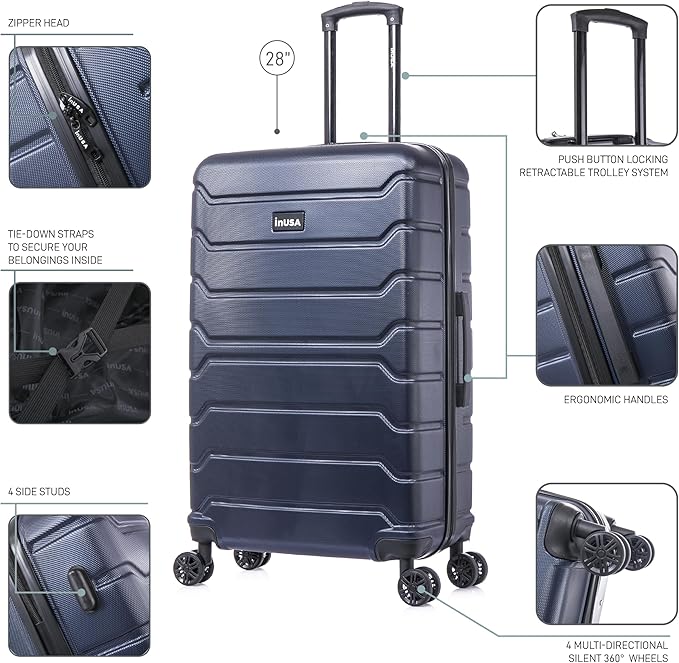 InUSA TREND Luggage with Spinner Wheels | Durable Lightweight Hardside Suitcase Travel bag with Handle and Trolley 28-Inch Large Checked luggage | Blue