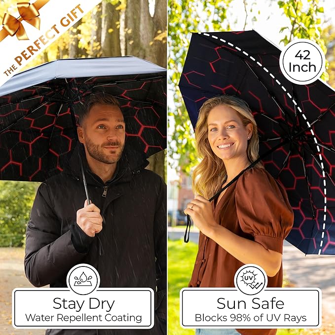 TUMELLA Strongest Windproof Travel Umbrella (Compact, Superior & Beautiful), Small, Wind-Tested, Light & Portable, Automatic Folding Rain Umbrella, Durable Premium Grip, Fits Car and Backpack