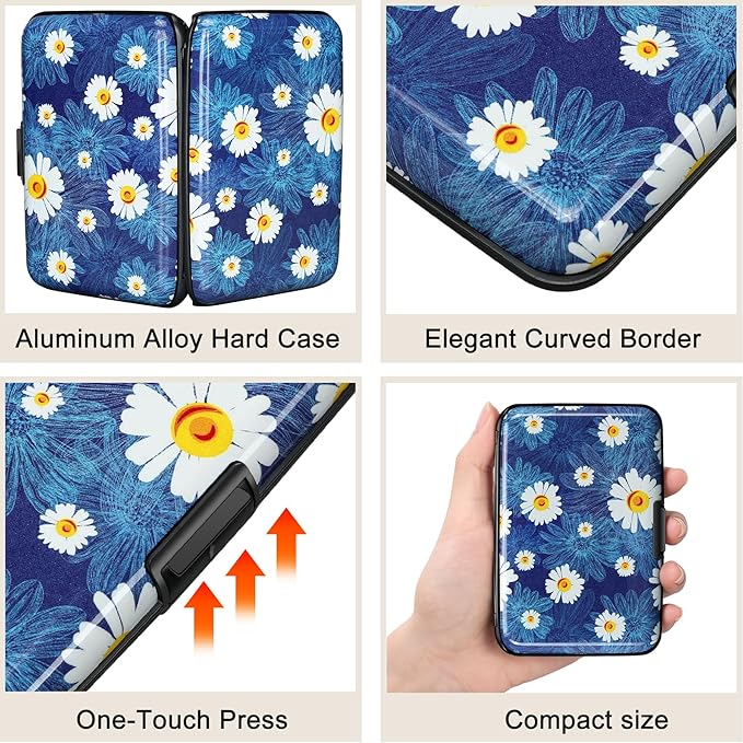 ELFISH Mini RFID Aluminum Wallet Credit Cards Holder Business Card Case Metal ID Case for Men Women(White Flower)