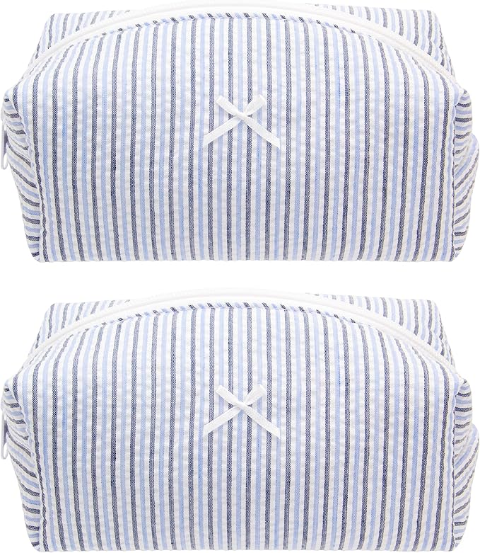 PAZIMIIK 2PCS Cozy Makeup Bag Small Aesthetic Travel Zipper Cosmetic Pouch for Women Make Up Beauty Accessories Brushes, Stripe Blue Mix