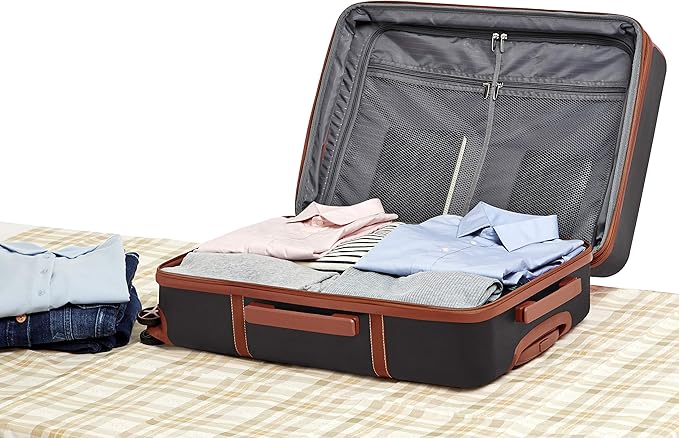 Amazon Basics 26-inch Hardside Checked Luggage With Leather Detailing, Expandable Spinner Suitcase With 8 Multi-directional Wheels, Scratch-Resistant Surface, Black