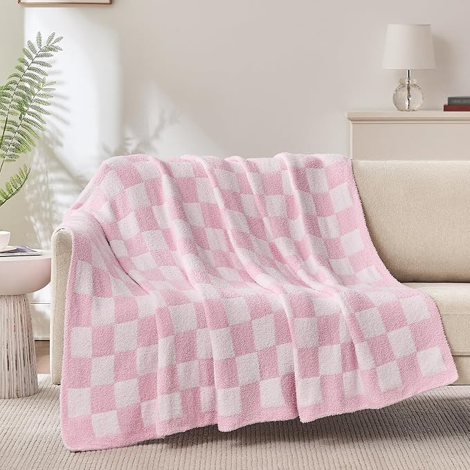 Checkered Throw Blanket, Pink Soft Cozy Fluffy Knitted Throw Blankets for Couch, Sofa, Bed, Chair, Warm Fuzzy Travel Picnic Lightweight Plaid Blanket, 50x70 inches