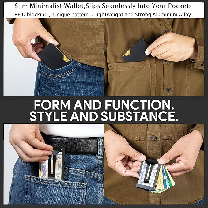Minimalist Carbon Fiber Wallet for Men, Money Clip Cash Strap Wallet, RFID Blocking Metal Wallet Aluminum Card Holder,Front Pocket Wallet(Matte Black)