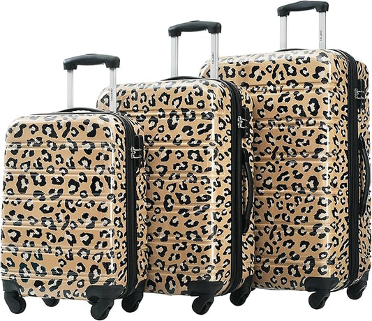 Merax Suitcase Set, Hardshell Luggage Sets 3 Piece with Spinner Wheels, Expandable Durable Suitcase with TSA Lock Lightweight 20" 24" 28", Brown Leopard