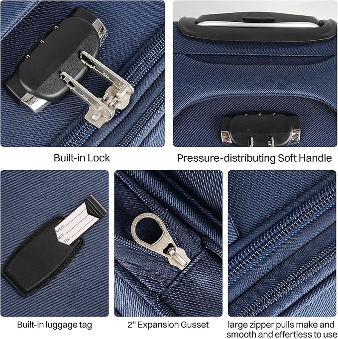 20" Luggage, Softside Suitcase with LOCK,Expandable Luggage w/Double Spinner Wheels, Lightweight Rolling Suitcases for Travel Carry On Luggage（Navy-Grey,20in）