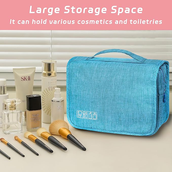 Toiletry Bag Travel Bag with Hanging Hook, Waterproof Capacity Hanging Multifunctional Makeup Bag for Toiletries, Portable Cosmetic Bag Travel Organizer for Women and Men(Sky Blue)