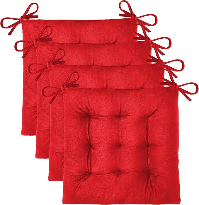 OVOV 4 Pack Chair Cushions for Dining Chairs Soft Seat Cushions for Kitchen Desk Chairs Square Chair Pads with Ties (15.5"x15.5" Red)
