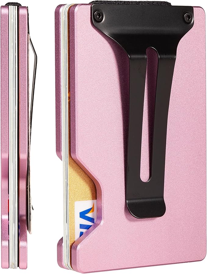 Carbon Fiber Minimalist Wallet for Men Credit Card Holder Money Clip & Cash Strap Slim RFID Mens Wallets(Matte Pink)
