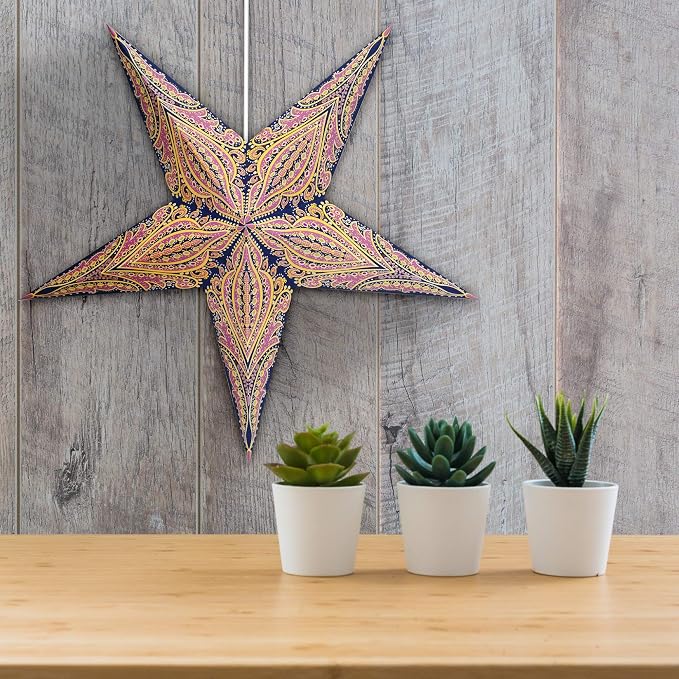 GalaxyArts Paper Star Lanterns, 24 Inch Queen Blue Yellow 3D Light-Up 5-Pointed Hanging Lamp, Handcrafted Hollow Decoration for Christmas, Weddings, Holidays, Indoor Outdoor Home Décor (Medium)