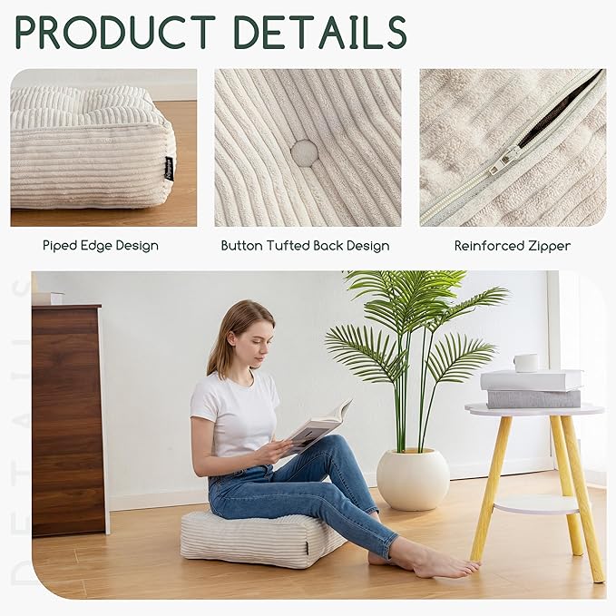 HIGOGOGO Tufted Corduroy Recliner Seat Cushion for Elderly, 20x20x6 Inch Extra Large Square Seat Cushion for Recliner Chair, Floor Pillow, Office Chair, Car, No Pressure on Thighs, Beige