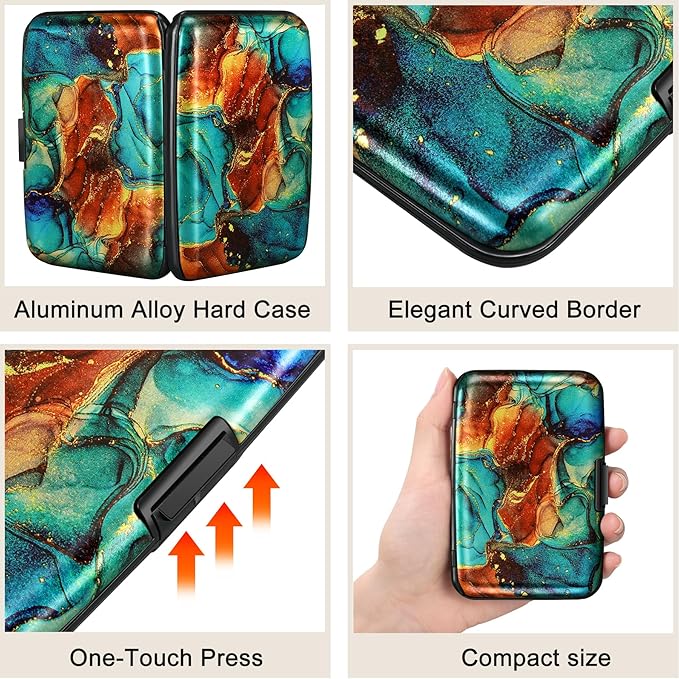 ELFISH Mini RFID Aluminum Wallet Credit Cards Holder Business Card Case Metal ID Case for Men Women（Blue Brown Marble