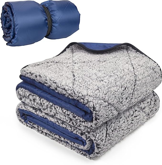 Tirrinia Waterproof Outdoor Blanket with Sherpa Lining, Windproof Triple Layers Warm Comfy Foldable for Camping Stadium, Beach, Picnic, Grass, Concerts, Car, Dog, 51''X 59'' & 59''X 80''