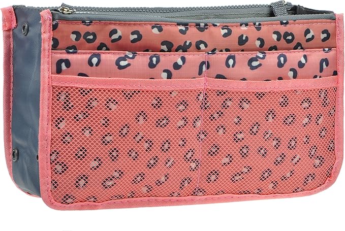 Vercord Purse Organizer Insert for Handbags Bag Organizers Inside Tote Pocketbook Women Nurse Nylon 13 Pockets Pink Leopard Large