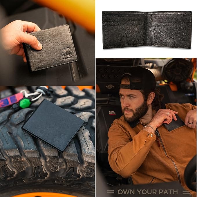 Mens RFID Leather Wallet Bifold on Black Saffiano Designer Leather, Secure and Durable Extra Capacity Billfold with 11 Credit Cards, Flip Up ID, Tight Stitching & Quick Thumb Push Access, Gift Boxed