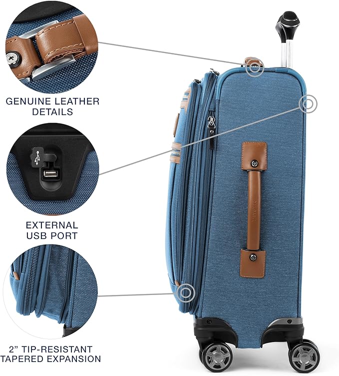 Travelpro Platinum Elite Softside Expandable Carry on Luggage, 8 Wheel Spinner Suitcase, USB Port, Suiter, Men and Women, Coastal Blue, Carry On 21-Inch