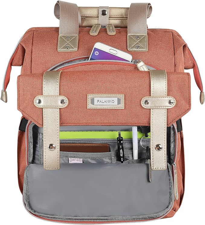 FALANKO Laptop Backpack for Women,15.6 inch Teacher Nurse School Waterproof Backpack,Large Womens Computer Backpack with Laptop Compartment,RFID Anti Theft Shoulder Orange Bags