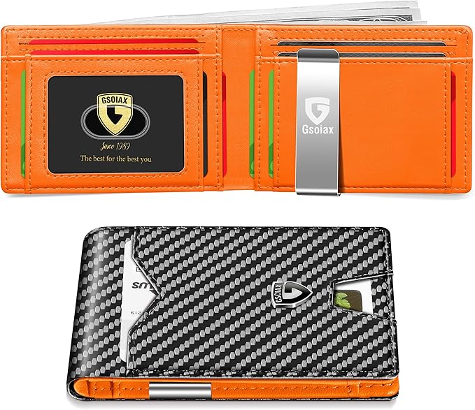 GSOIAX Slim Wallet for Men Rfid Blocking Leather Bifold Front Pocket Carbon Fiber Credit Card Holder Novelty Wallets With Gift Box (Carbon and Orange -money clip)