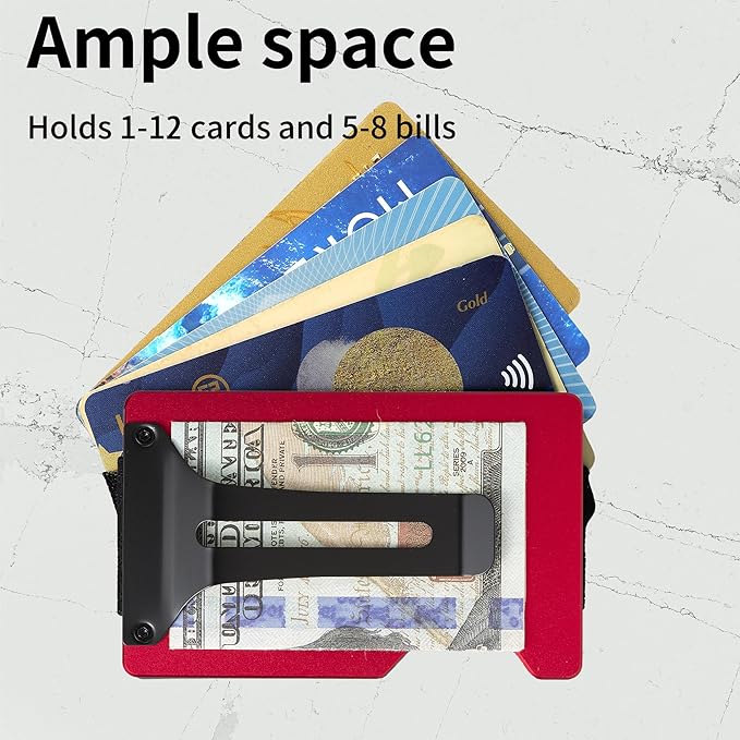 Minimalist Carbon Fiber Wallet for Men, Money Clip Cash Strap Wallet, RFID Blocking Metal Wallet Aluminum Card Holder,Front Pocket Wallet(Matte Red)