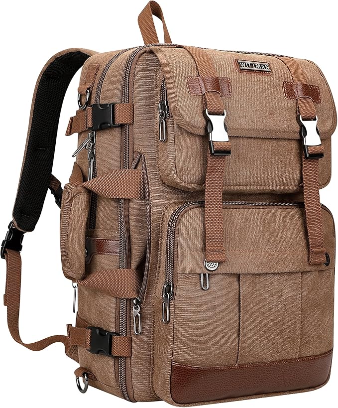 WITZMAN Canvas Travel Backpack for Men Large Laptop Backpack Fit 16 inch Carry-on Airline Approved Convertible Shoulder Rucksack(A6617-3 Brown)