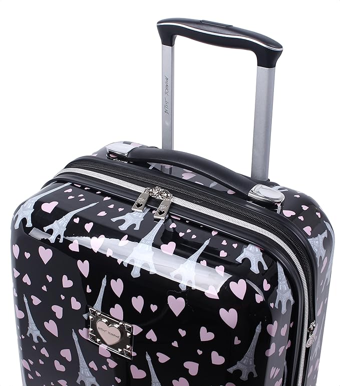 Betsey Johnson Designer 20 Inch Carry On - Expandable (ABS + PC) Hardside Luggage - Lightweight Durable Suitcase With 8-Rolling Spinner Wheels for Women (Paris Love)